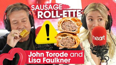 Heart: Lisa Faulkner and John Torode play Heart Breakfast's sausage roll-ette image