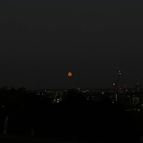 Moon rise with an orchestra rehearsal through an open door, North London, UK on the night of 18th September 2024 – by Eleanor McDowall